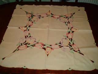 Vintage Linen Embroidered Tulip Design Table Cloth 33 " X 31 "