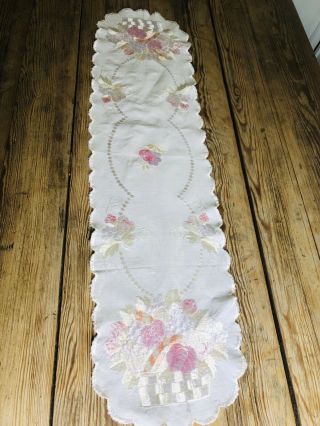 Vintage Embroidered Small Table Runner White Pink Floral 9” X 36”