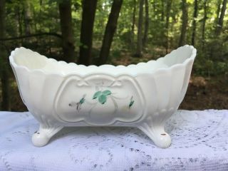 Antique Victorian White Milk Glass 4 - Footed Bowl Handpainted Scalloped Edge