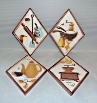Mid Century Vintage Lefton Diamond Kitchen Wall Plaque Set Of 4 3003 Brown C4