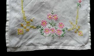 Vintage Hand Embroidered Tray Cloth - 19 " X 12 " Pink Daisies