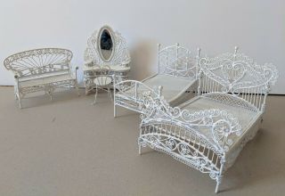 Vintage White Metal Filigree Miniature Doll Furniture Set