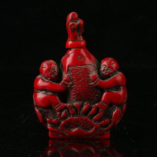 China Exquisite Red Coral Hand Carved Fish & Children Snuff Bottle A962