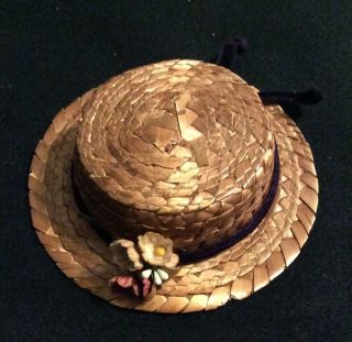 Vintage Straw Doll Hat Velvet Ribbon Velvet Flocked Flowers 2 1/2 " Head