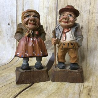 Vintage German Figures Elderly Man Woman Hand Carved Wooden Set Couple