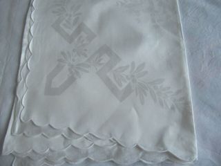 Vintage Ivory White Linen Damask Tablecloth Greek Key Laurels Flowers 90 " X 72 "