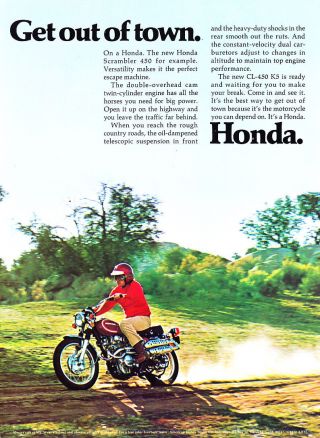 1972 Honda Cl - 450 K5 Motorcycle Photo " Get Out Of Town " Vintage Promo Print Ad