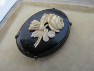 Antique Victorian Black & Cream Rose Flower Mourning Brooch