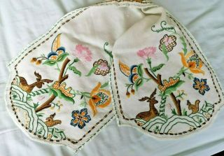 Vintage Needlework Stunning Hand Embroidered Table Runner Deer,  Flowers Oak Tree