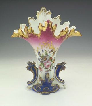Antique Paris Porcelain - Hand Painted Flowers Rococo Revival Vase