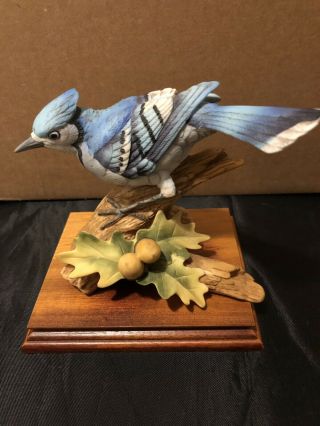 Blue Jay From Andrea By Sadek Porcelain Figurine 9973 With Acorns On Oak Tree