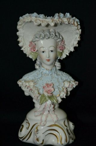 Vintage Ceramic Bust Of A Lady With Hat And Raised Pink Flowers