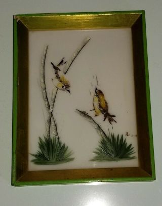 Vintage Framed Oil Painting Birds Yellow Finch Tara Productions Spain