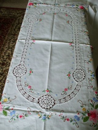 Vintage Madeira Cross Stitch & Crochet Oblong Tablecloth 48 " X 68 "
