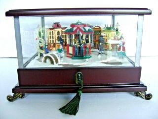 Mr Christmas Music Box With Ice Skaters Wood Glass Case Animated Lights Up