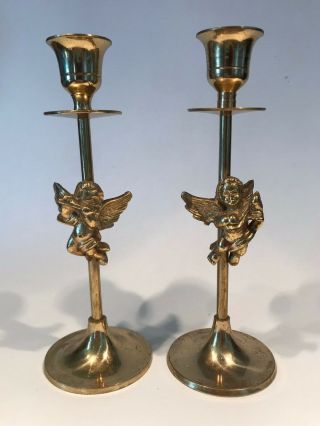 Set Of 3 Vintage Shiny Brass Candlesticks W/ Cherubs 8 " Tall & Brown Votives