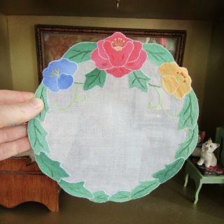 Antique 30s Dollhouse Embroidered Floral AppliquÉ Rug Handmade Linen Needlepoint