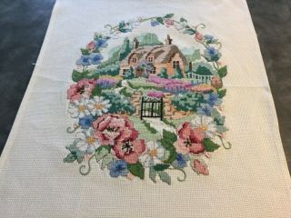 Vintage Hand Embroidered Cross Stitch Picture Thatched Cottage,  Garden 13”x16”