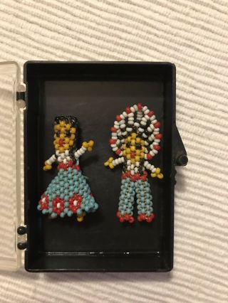 Vintage Miniature All Beaded Native American Dolls In Plastic Case.