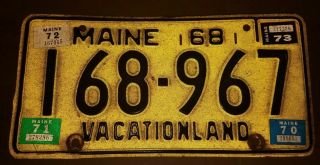 1968 Vintage State Of Maine License Plate Yellow Antique With Old 1970 Stickers