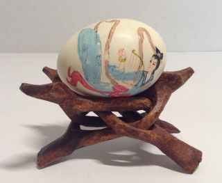 Vintage Asian Oriental Hand Painted Real Egg Wood Stand