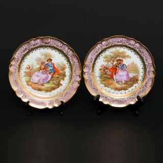 Set 2 Limoges Fragonard Plates Hand Painted Cabinet France Gold Pink Romantic 8 "