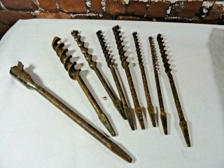 Vtg Antique Auger Bits Wood Brace Bit Hand Drills Set Of 8 Rusty