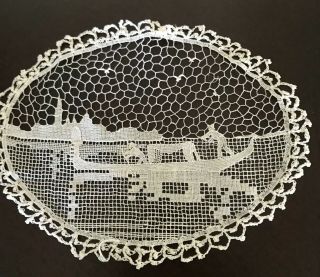 Antique Filet Net Lace Figural Hand Embroidery Doily Oval Off White 5 X 7 - 1/ 4in