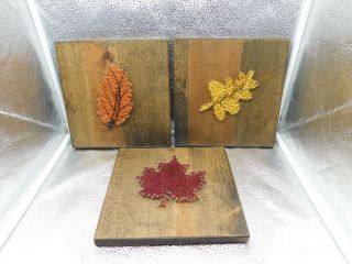 Set Of 3 String Art Pictures Of Leaves On 9x9 " Wood Blocks
