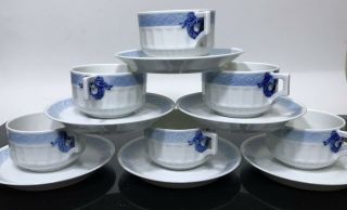 6pc Royal Copenhagen Blue Fan White Porcelain Teacup & Saucer Set