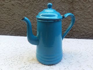 Antique Vintage Blue Speckled Enamelware Graniteware Goose Neck Coffee Pot