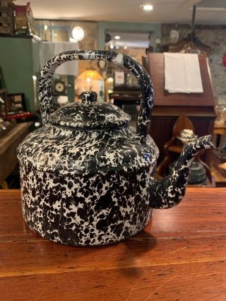 Antique Black White Swirl Graniteware Enamel Ware Teapot Coffee Kettle Cowboy