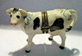 Vintage Signed Hand Painted Studio Usa Cow Shaped Hinged Trinket Box