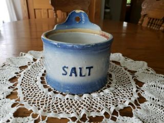 Antique Salt Box Round Crock Blue White Salt Glaze Wall Mount Stoneware 6 " W×6 " T