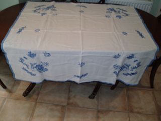 Vintage Linen Willow Pattern Design Table Cloth 49 " X 48 "