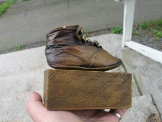 Vintage Bronze Copper Baby Shoe Single Book End On Wood Artist Signed