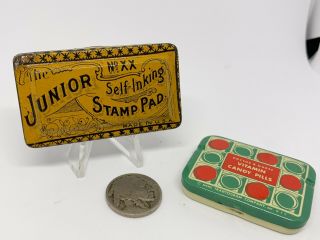 Vintage Childs Stamp Pad And Medicine Tin Small Metal Box Advertising Antique