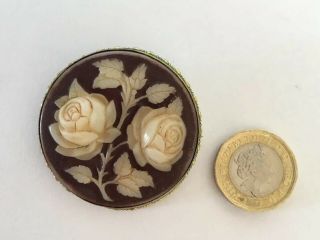 Vintage Antique Relief Glass Cameo Brooch,  Rose Flower Design,  In Brass Setting