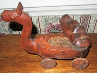 Antique Hand Carved Camel On Wheels W Hump Storage Compartment 7.  25 Tall