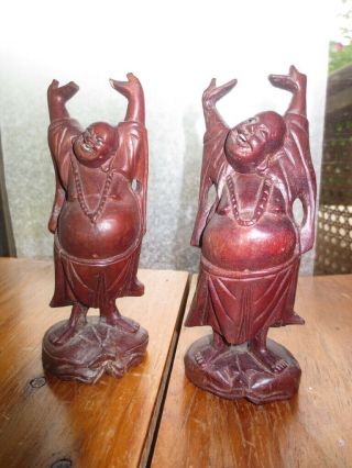 2 Vintage Carved Wood Buddha Hotei Arms Raised Laughing Bone Teeth Glass Eyes 6 "