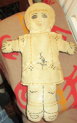 Antique Hand Made Cloth Doll With Embroidered Features & Designs