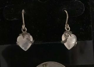 Vintage Rose Quartz Dangle 925 Sterling Silver Filigree Hearts Earrings Hook