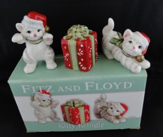Fitz & Floyd Kitty Kringle Ceramic Cat Tumblers Figurines Present Christmas Mib