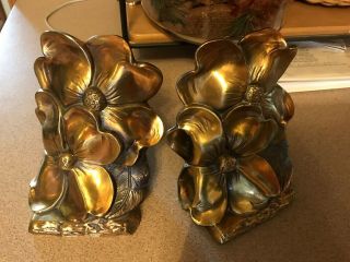 Brass Flower Bookends,  Philadelphia Mfg Co Hollywood Regency Gardenia