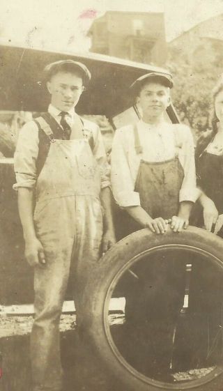 West Virginia Boys Posing With Antique Car And Spare Tire Overalls Antique Photo