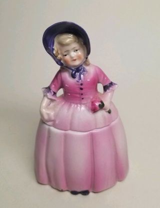 1920s Old Fashioned Girl Dresser Half Doll Trinket Powder Vanity Box Jar Germany