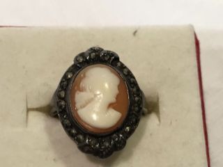 Antique Art Deco Silver Shell Cameo & Marcasite Ring