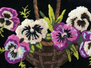 Vintage Antique Chenille Velvet Embroidered Plushwork Pillow Panel Floral Pansy