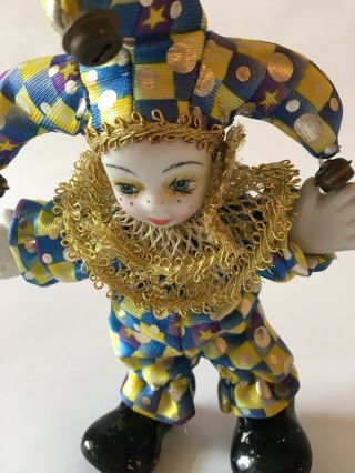 Porcelain Clown Harlequin Joker Doll Mardi Gras 6” Inches Multi Color