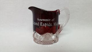 1890s Souvenir Ruby Stain Glass Mini Pitcher Grand Rapids Michigan Antique Eapg